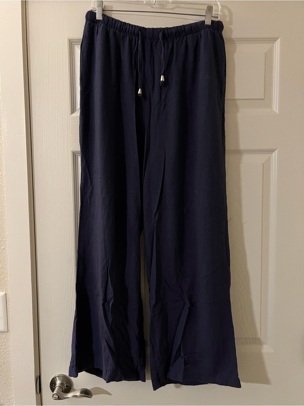 Viscose Linen Textured Wide Leg‎ Relaxed Fit Drawstring Pants Navy Blue EUC #332